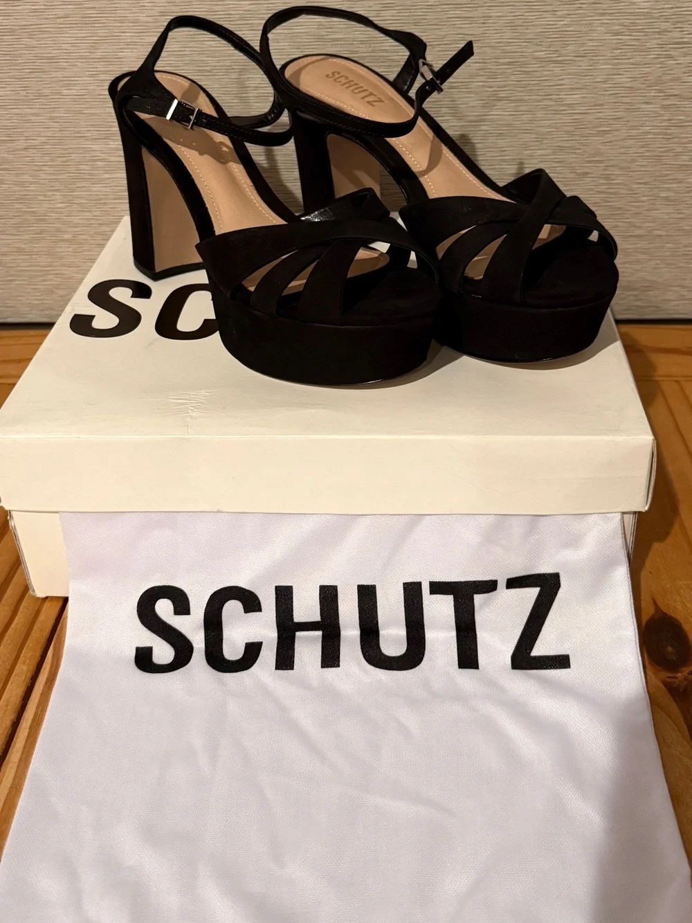 Schutz Keefa Black Platform Ankle-Strap Sandals